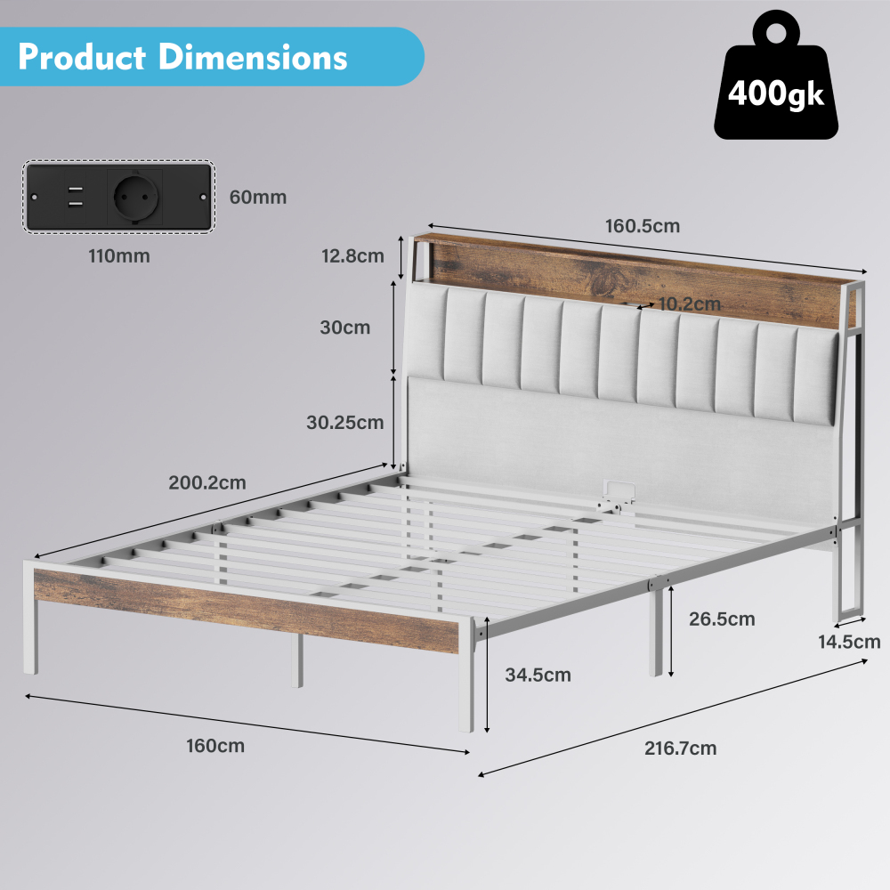 DEWINNER Bed Frame with LED Lighting, Double Bed with Storage Headboard, Power Strip (1 AC Outlet, 2 USB Ports), Sturdy Frame, Dark Gray Linen, Easy Assembly