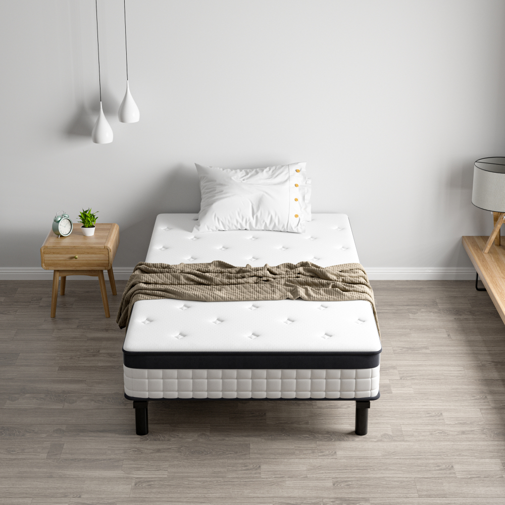Mattress & Bed Base Set | Pocket Spring Mattress + Sturdy Metal Bed Frame with 6 Legs, Complete Bed,  High Resilience & Breathable