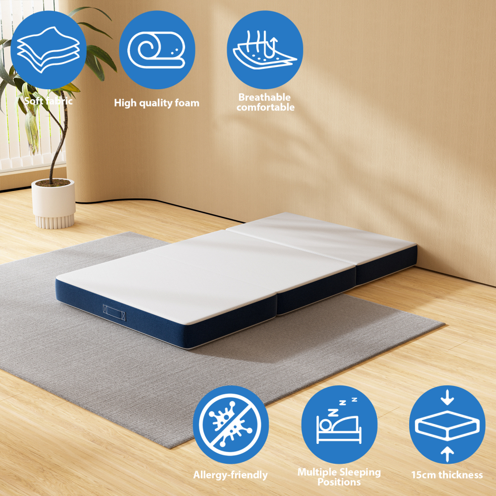 DEWINNER Triple Folding Mattress, Versatile Guest Mattress, 15cm Thick Foam, Removable and Machine-Washable Cover, Carrying Handle for Easy Transport