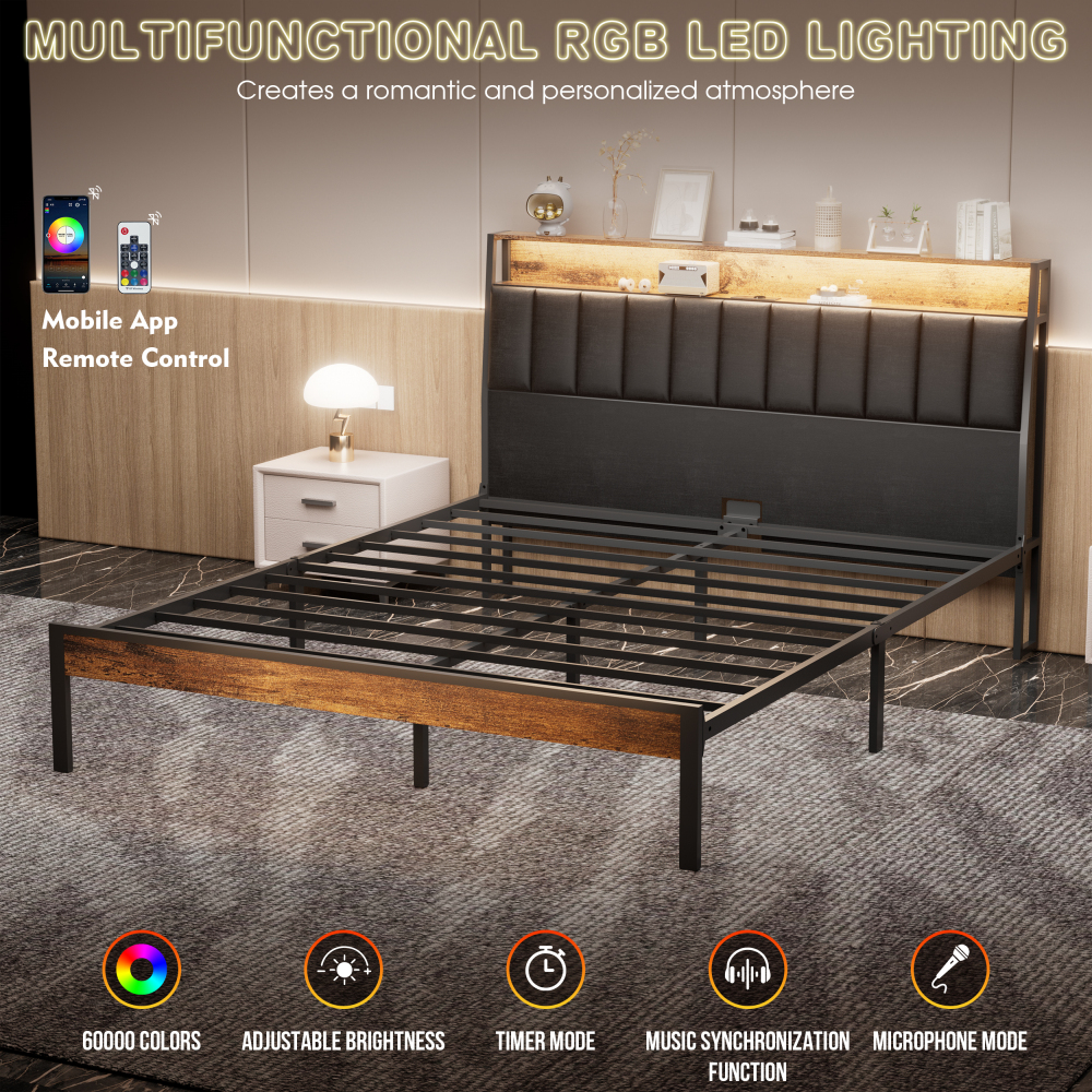 DEWINNER Bed Frame with LED Lighting, Double Bed with Storage Headboard, Power Strip (1 AC Outlet, 2 USB Ports), Sturdy Frame, Dark Gray Linen, Easy Assembly