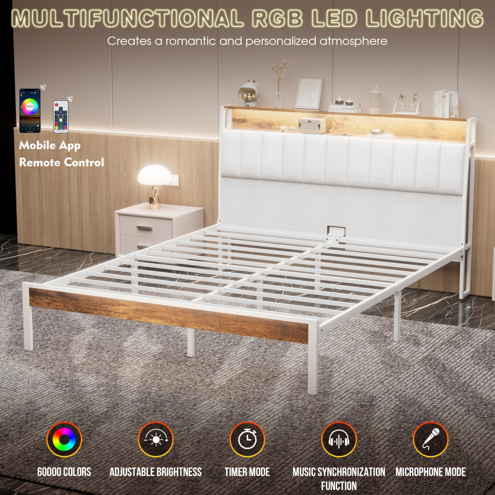 DEWINNER Bed Frame with LED Lighting, Double Bed with Storage Headboard, Power Strip (1 AC Outlet, 2 USB Ports), Sturdy Frame, Dark Gray Linen, Easy Assembly