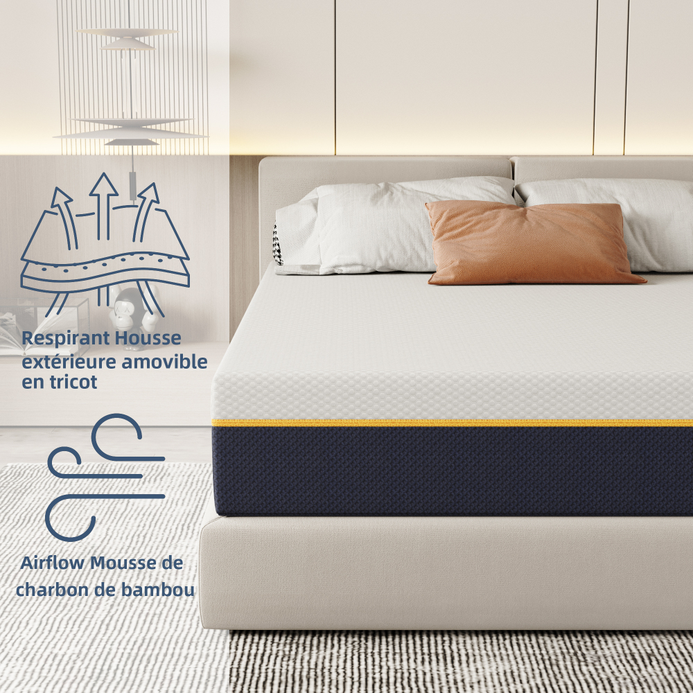 DEWINNER Matelas Épaisseur 17 cm, Mousse A Mémoire + Mousse de Charbon de Bambou, Soutien Haute Resilience, Respirant, Hypoallergénique, avec Housse Amovible et Lavable