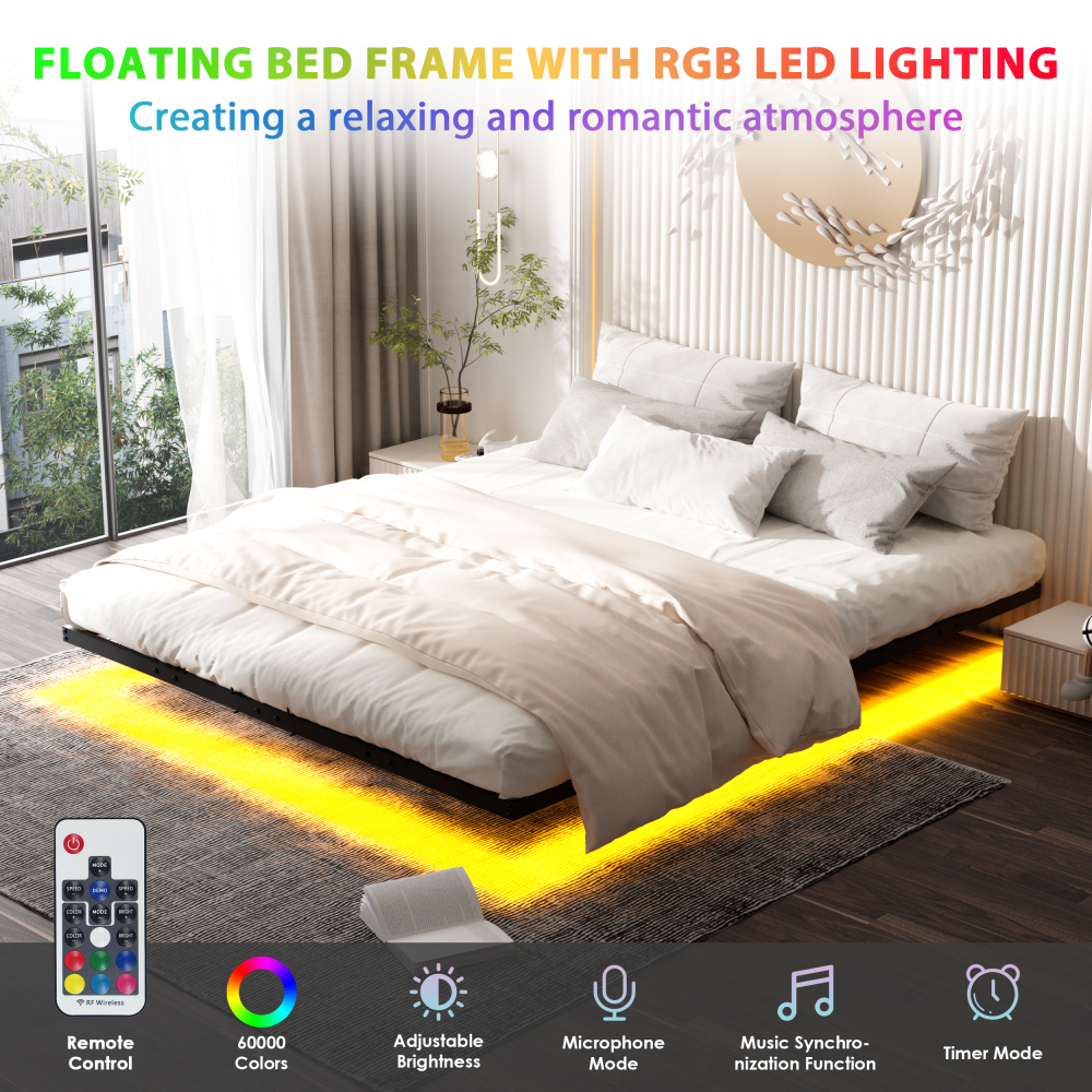 DEWINNER Bed Frame with Metal Slats, Floating Double Bed with LED Lighting, Metal Slats, Sturdy Frame, 20 cm of Under-Bed Storage, Black (Mattress Not Included)
