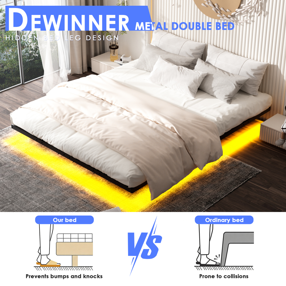 DEWINNER Bed Frame with Metal Slats, Floating Double Bed with LED Lighting, Metal Slats, Sturdy Frame, 20 cm of Under-Bed Storage, Black (Mattress Not Included)