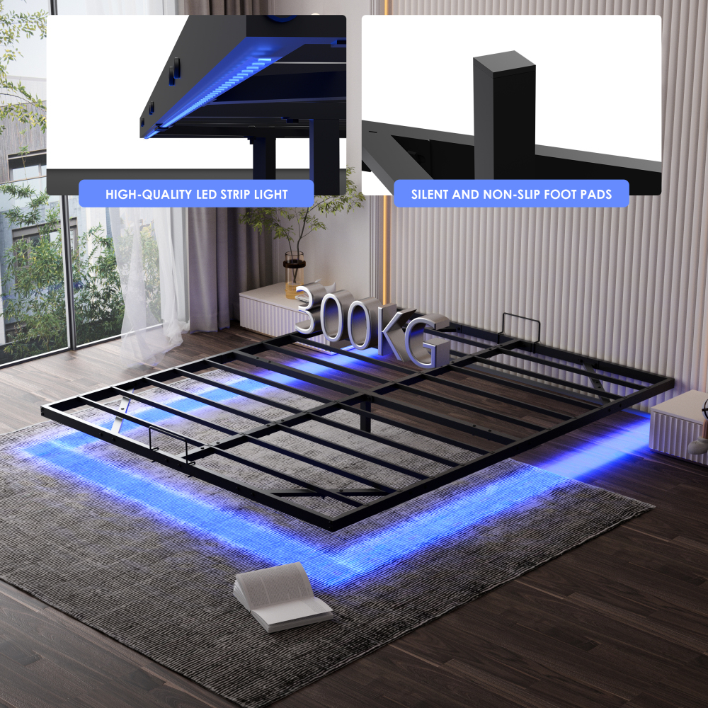 DEWINNER Bed Frame with Metal Slats, Floating Double Bed with LED Lighting, Metal Slats, Sturdy Frame, 20 cm of Under-Bed Storage, Black (Mattress Not Included)