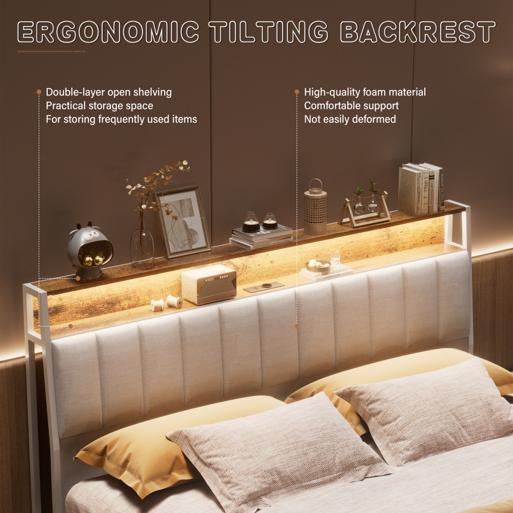 DEWINNER Bed Frame with LED Lighting, Double Bed with Storage Headboard, Power Strip (1 AC Outlet, 2 USB Ports), Sturdy Frame, Dark Gray Linen, Easy Assembly