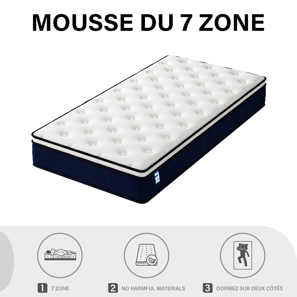 TEENO Matelas à Ressorts ensachés, Matelas à Ressorts ensachés 7 Zones, Trois Faces, Douceur Moyenne, Confort et respirabilité, Anti-bactérien et Anti-acarien