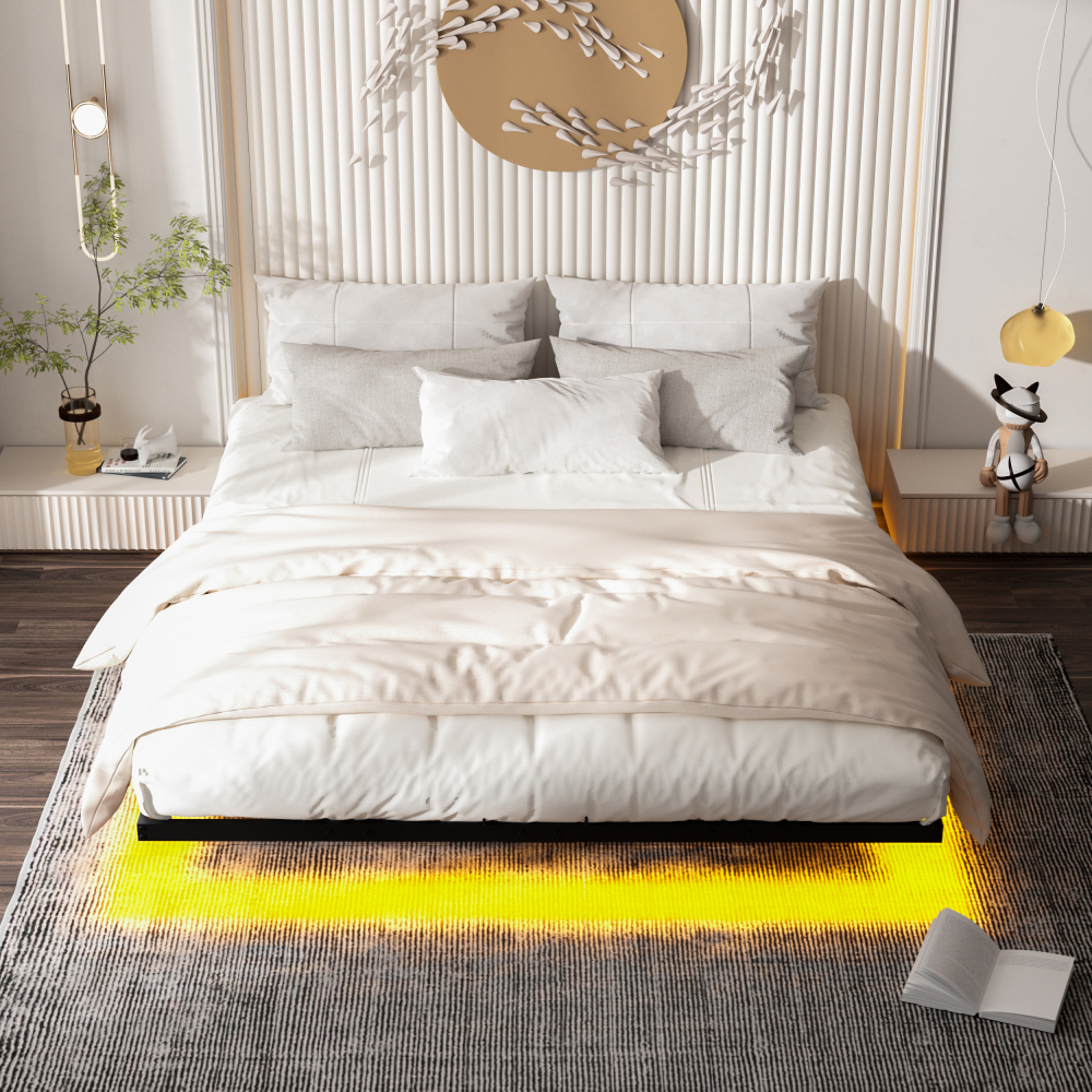 DEWINNER Bed Frame with Metal Slats, Floating Double Bed with LED Lighting, Metal Slats, Sturdy Frame, 20 cm of Under-Bed Storage, Black (Mattress Not Included)