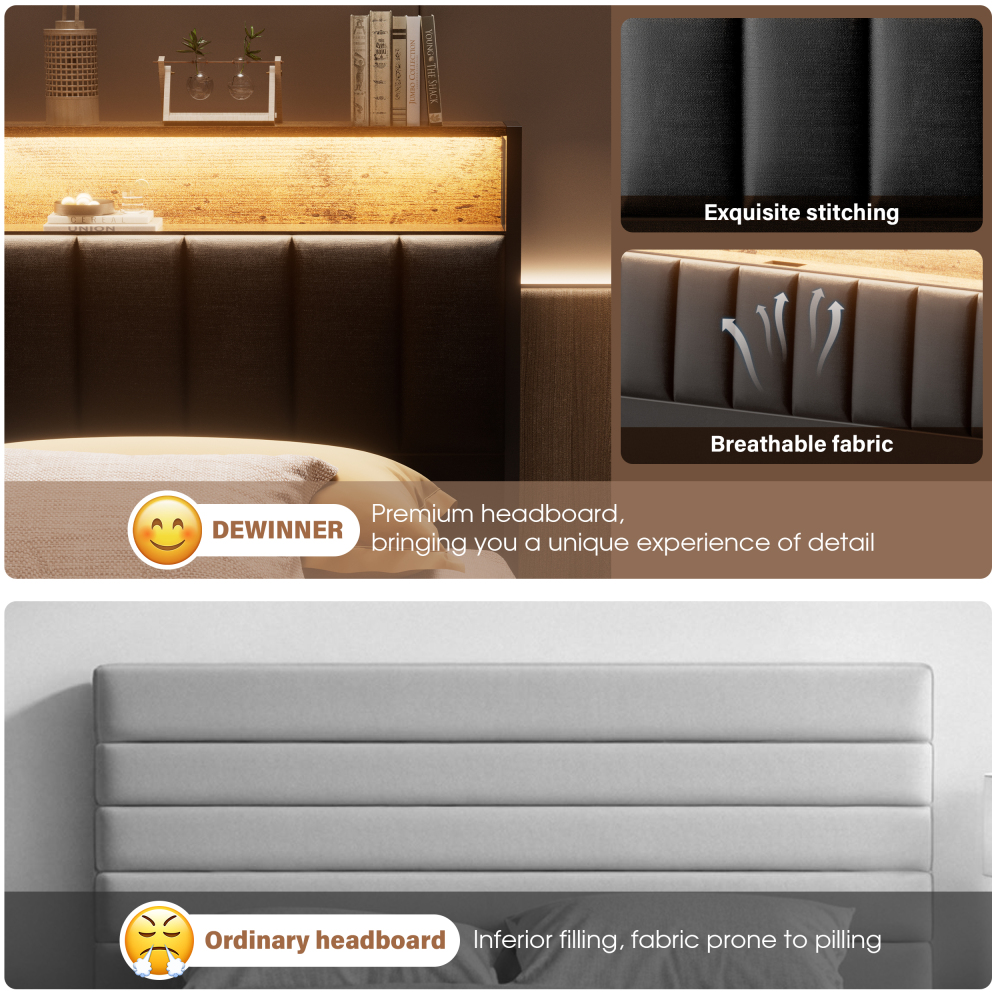 DEWINNER Bed Frame with LED Lighting, Double Bed with Storage Headboard, Power Strip (1 AC Outlet, 2 USB Ports), Sturdy Frame, Dark Gray Linen, Easy Assembly