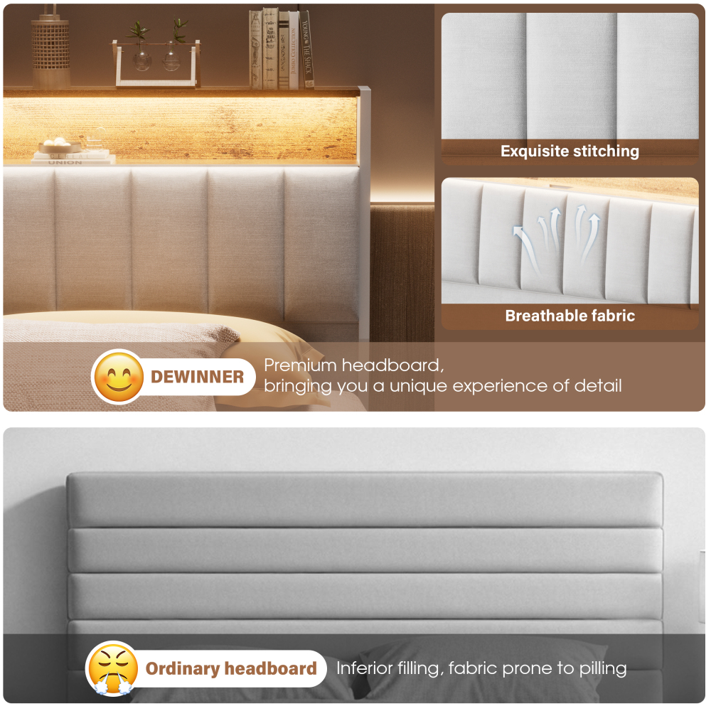 DEWINNER Bed Frame with LED Lighting, Double Bed with Storage Headboard, Power Strip (1 AC Outlet, 2 USB Ports), Sturdy Frame, Dark Gray Linen, Easy Assembly
