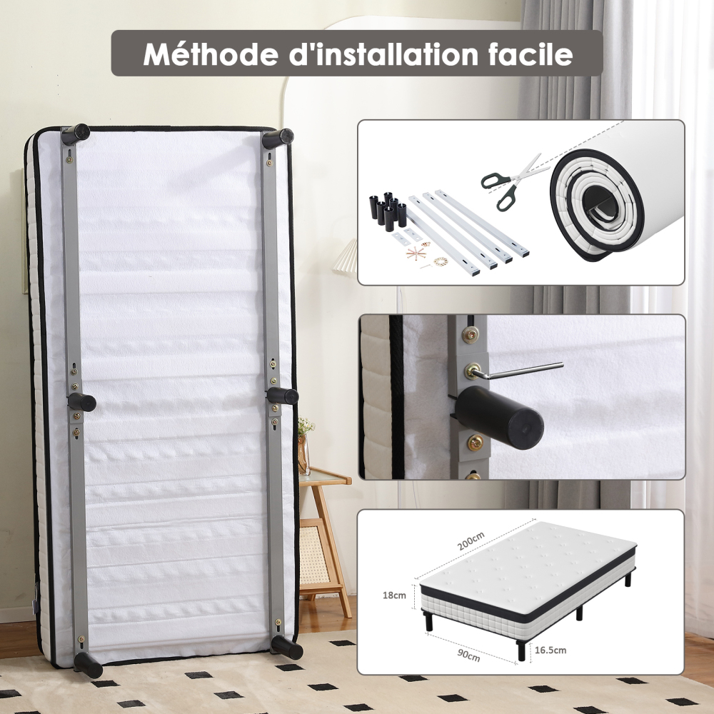 Mattress & Bed Base Set | Pocket Spring Mattress + Sturdy Metal Bed Frame with 6 Legs, Complete Bed,  High Resilience & Breathable