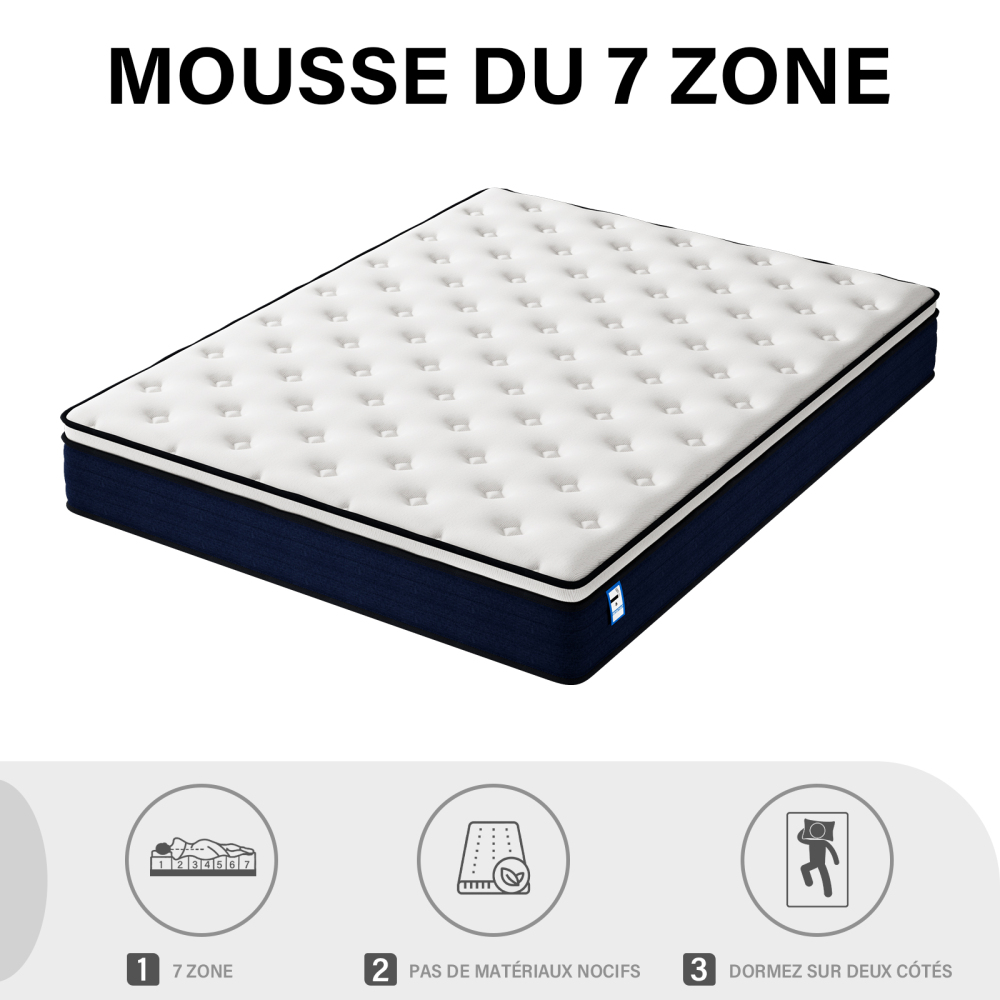 TEENO Matelas à Ressorts ensachés, Matelas à Ressorts ensachés 7 Zones, Trois Faces, Douceur Moyenne, Confort et respirabilité, Anti-bactérien et Anti-acarien