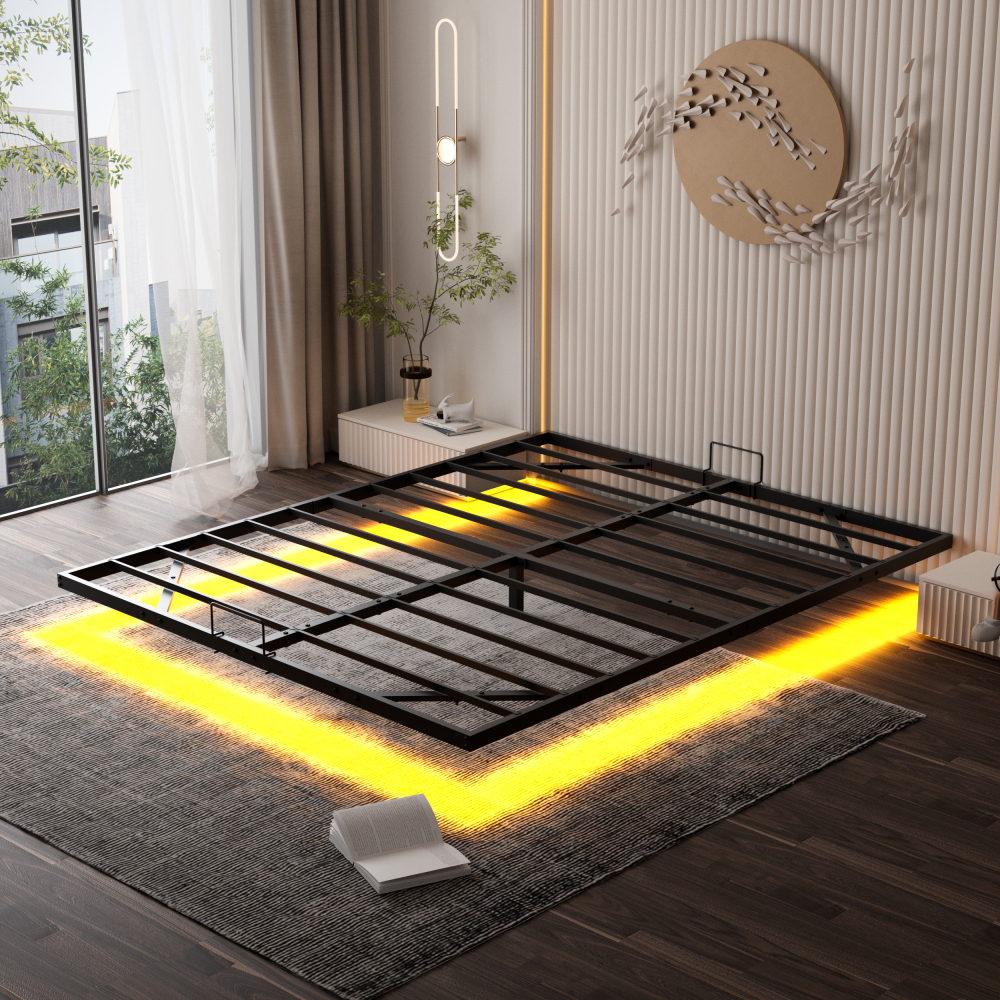 DEWINNER Bed Frame with Metal Slats, Floating Double Bed with LED Lighting, Metal Slats, Sturdy Frame, 20 cm of Under-Bed Storage, Black (Mattress Not Included)