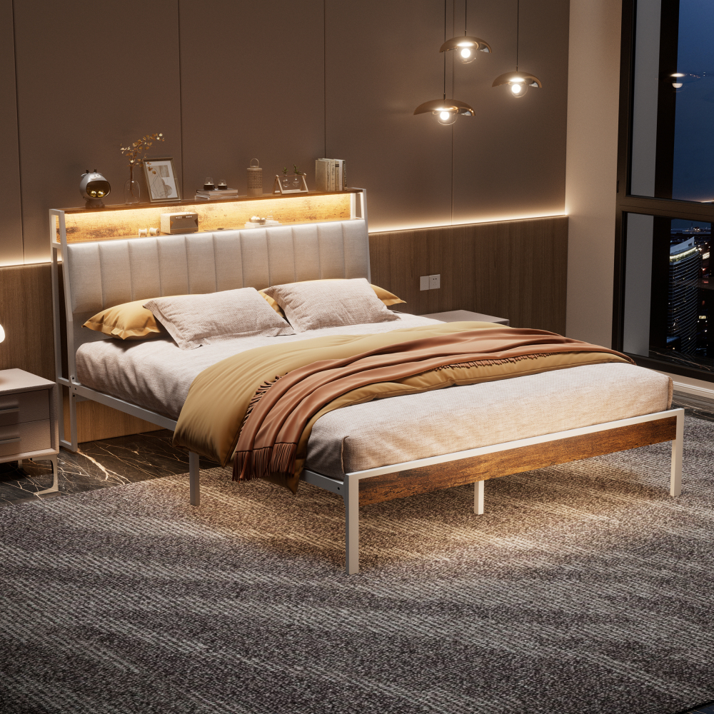 DEWINNER Bed Frame with LED Lighting, Double Bed with Storage Headboard, Power Strip (1 AC Outlet, 2 USB Ports), Sturdy Frame, Dark Gray Linen, Easy Assembly