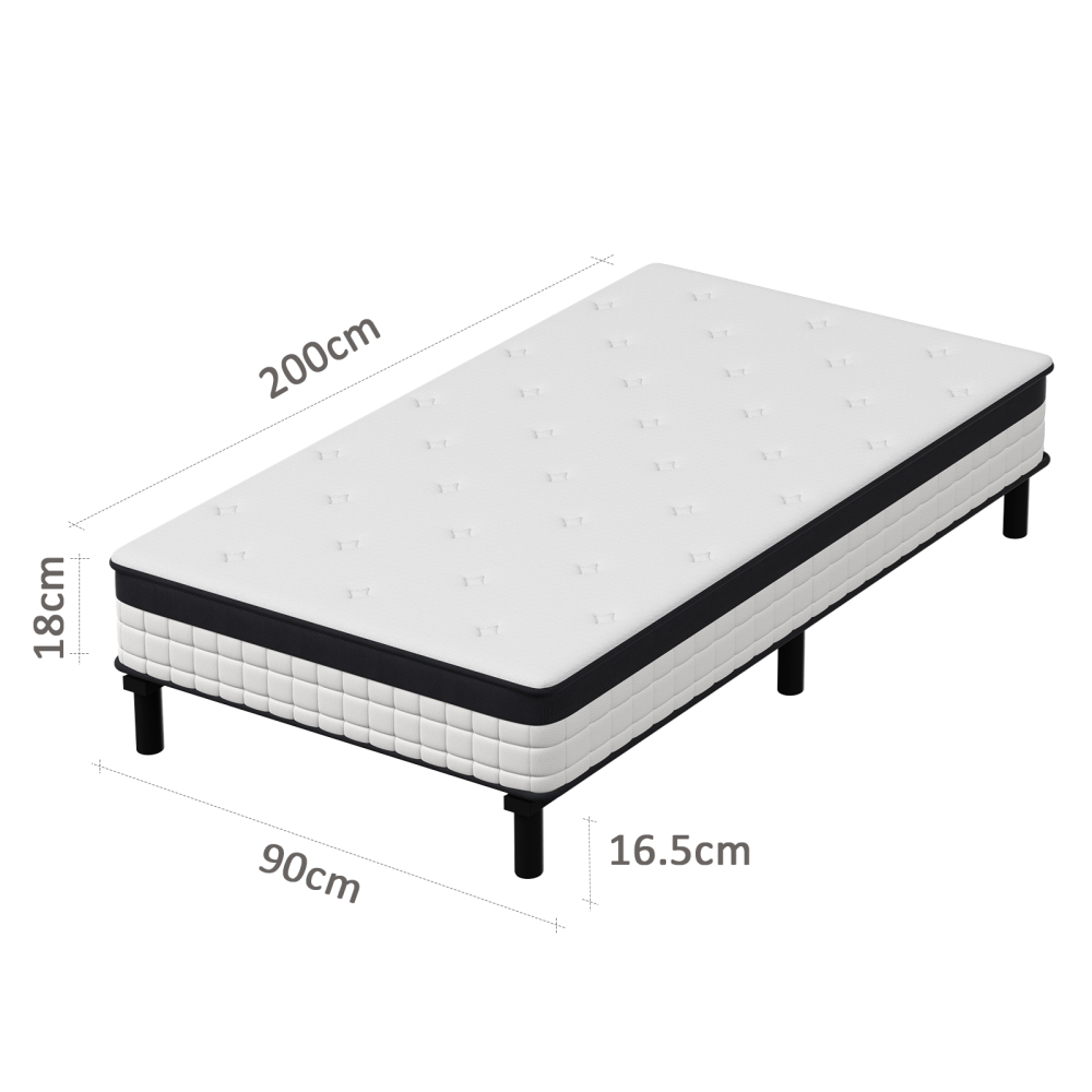 Mattress & Bed Base Set | Pocket Spring Mattress + Sturdy Metal Bed Frame with 6 Legs, Complete Bed,  High Resilience & Breathable