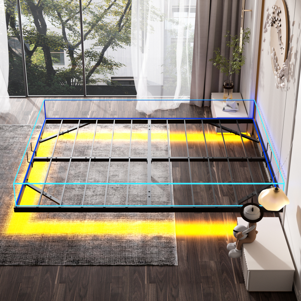 DEWINNER Bed Frame with Metal Slats, Floating Double Bed with LED Lighting, Metal Slats, Sturdy Frame, 20 cm of Under-Bed Storage, Black (Mattress Not Included)