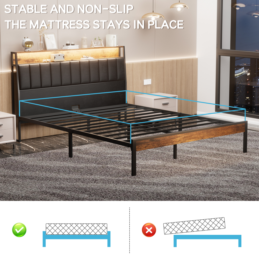 DEWINNER Bed Frame with LED Lighting, Double Bed with Storage Headboard, Power Strip (1 AC Outlet, 2 USB Ports), Sturdy Frame, Dark Gray Linen, Easy Assembly