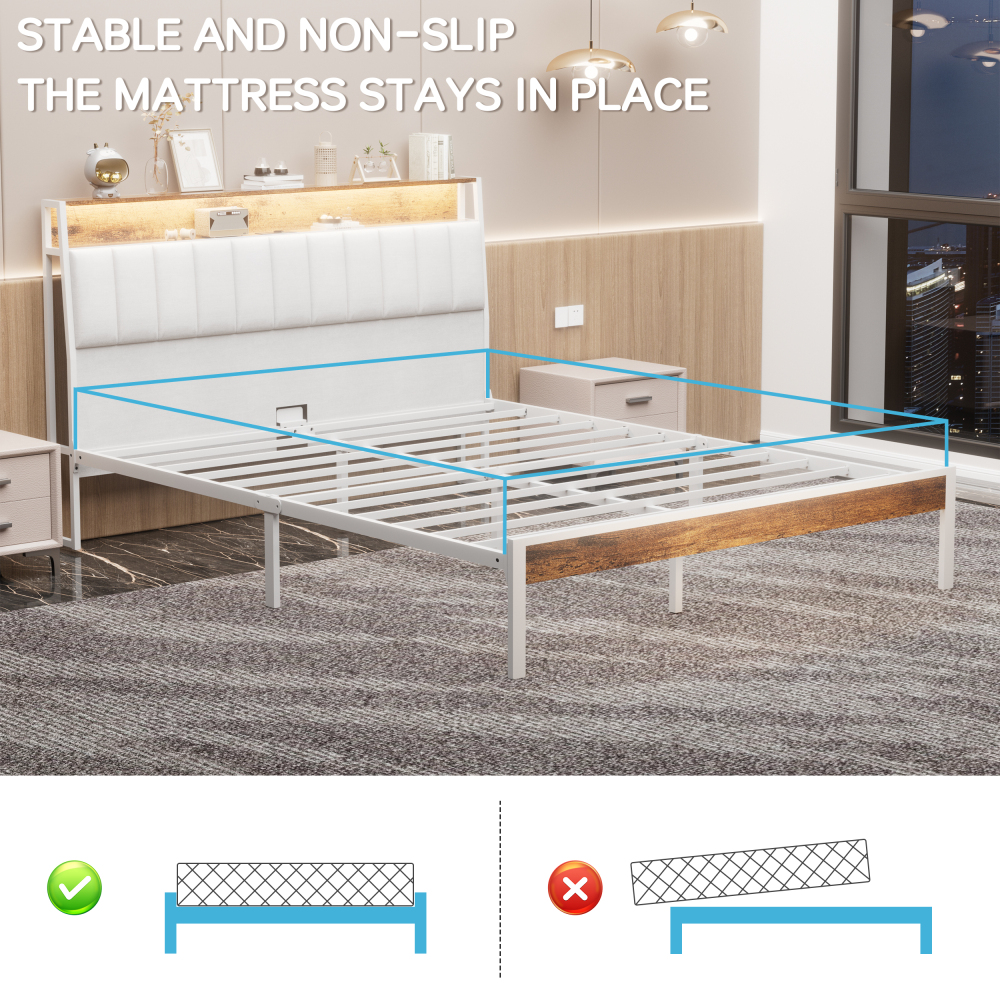 DEWINNER Bed Frame with LED Lighting, Double Bed with Storage Headboard, Power Strip (1 AC Outlet, 2 USB Ports), Sturdy Frame, Dark Gray Linen, Easy Assembly