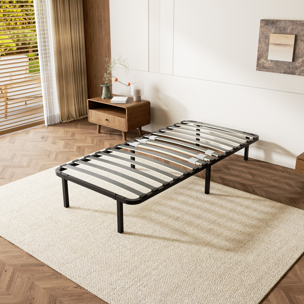 DEWINNER Sturdy Slatted Metal Bed Base | 14 Poplar Wood Slats, 6 Support Legs, Adjustable Central Reinforcement