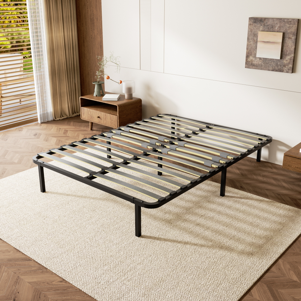 DEWINNER Sturdy Slatted Metal Bed Base | 14 Poplar Wood Slats, 6 Support Legs, Adjustable Central Reinforcement