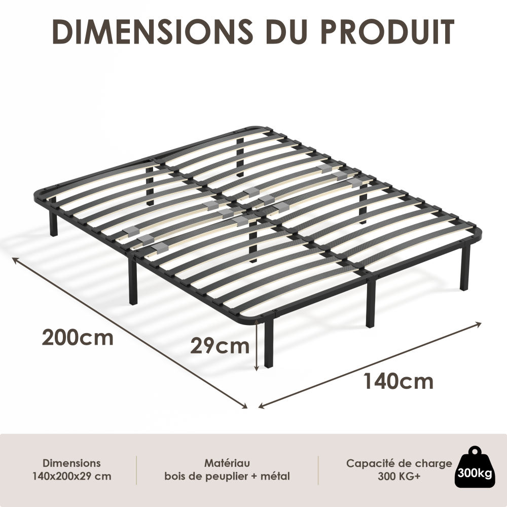 DEWINNER Sturdy Slatted Metal Bed Base | 14 Poplar Wood Slats, 6 Support Legs, Adjustable Central Reinforcement