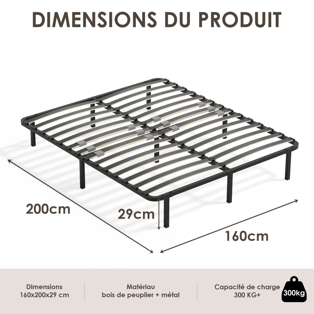 DEWINNER Sturdy Slatted Metal Bed Base | 14 Poplar Wood Slats, 6 Support Legs, Adjustable Central Reinforcement