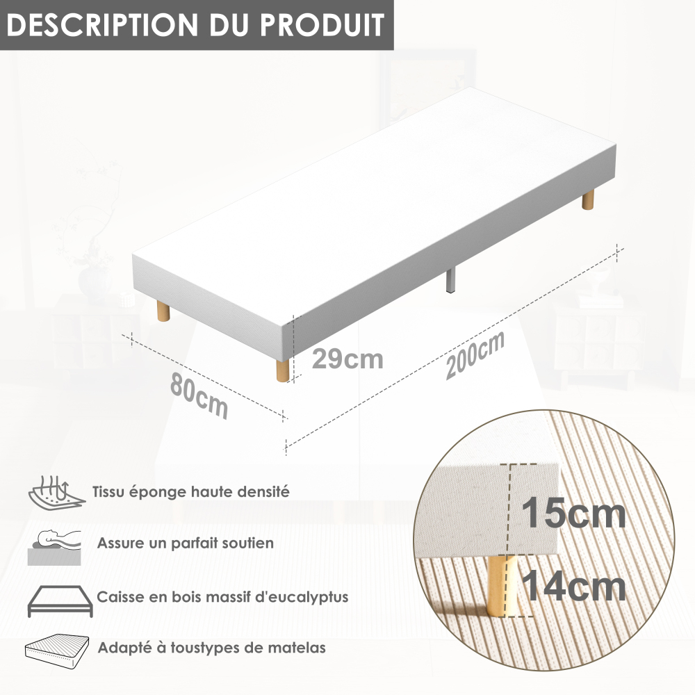 DEWINNER Sommier Tapissier Sommier Lit Simple 6 Pieds Surmatelas en Mousse Haute Densité Hauteur avec Pieds 29 CM