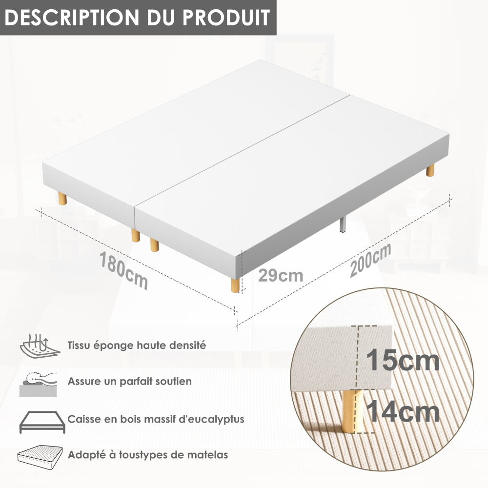 DEWINNER Sommier Tapissier Sommier Lit Simple 6 Pieds Surmatelas en Mousse Haute Densité Hauteur avec Pieds 29 CM