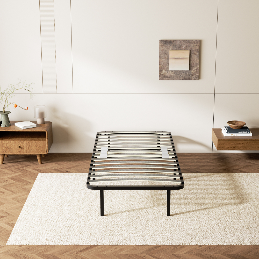 DEWINNER Sturdy Slatted Metal Bed Base | 14 Poplar Wood Slats, 6 Support Legs, Adjustable Central Reinforcement