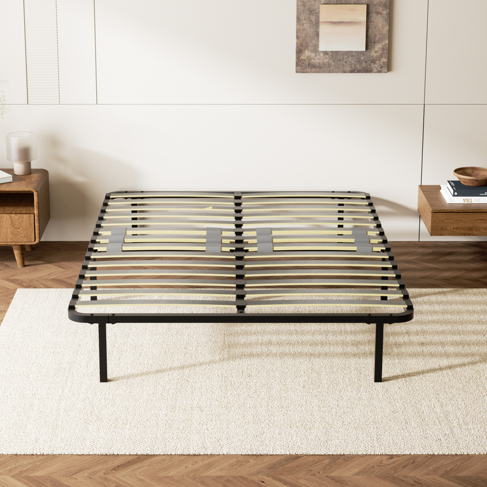 DEWINNER Sturdy Slatted Metal Bed Base | 14 Poplar Wood Slats, 6 Support Legs, Adjustable Central Reinforcement