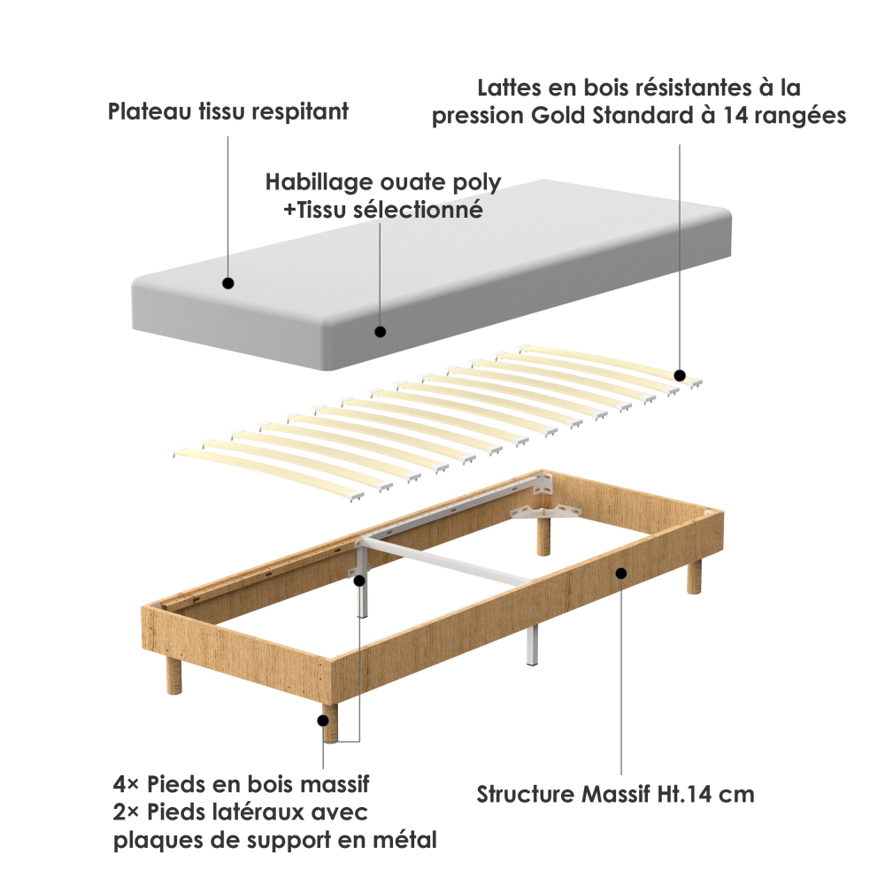 DEWINNER Sommier Tapissier Sommier Lit Simple 6 Pieds Surmatelas en Mousse Haute Densité Hauteur avec Pieds 29 CM