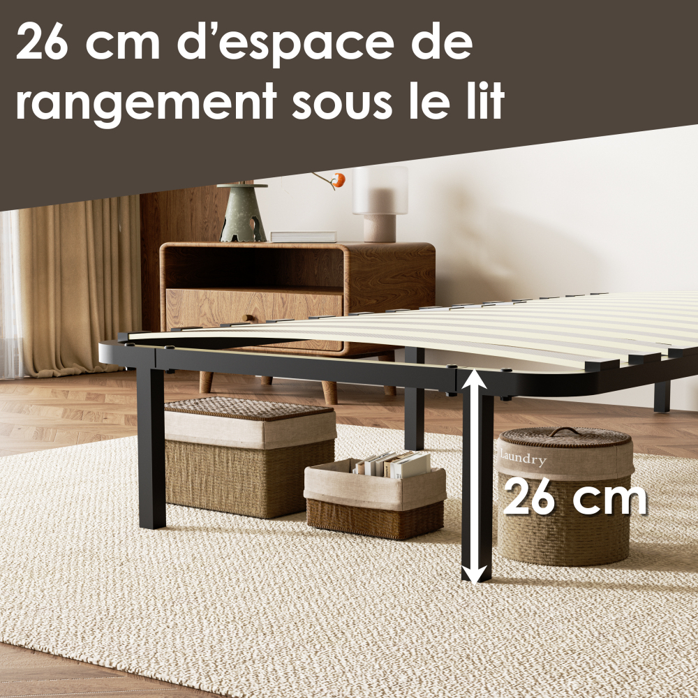 DEWINNER Sturdy Slatted Metal Bed Base | 14 Poplar Wood Slats, 6 Support Legs, Adjustable Central Reinforcement
