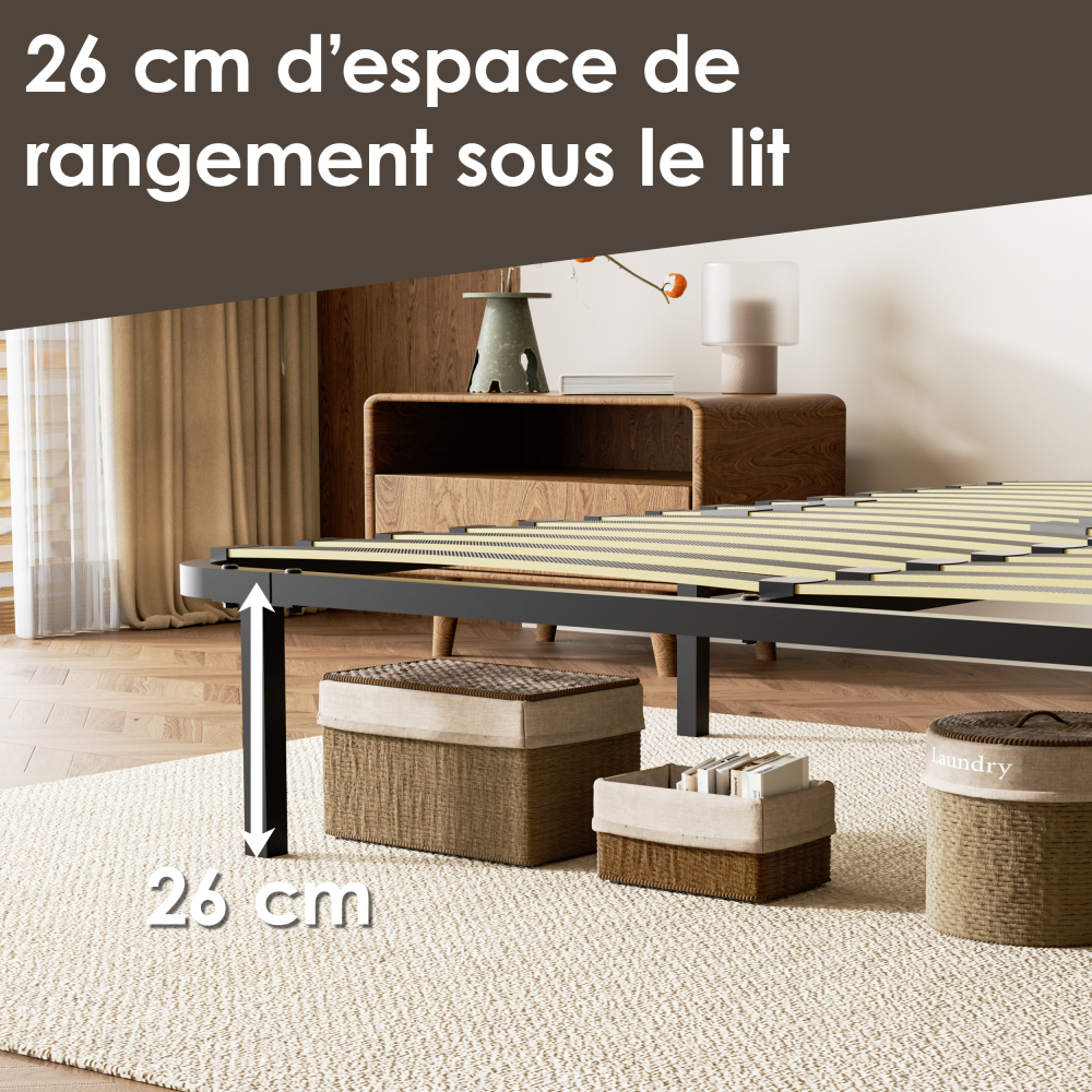 DEWINNER Sturdy Slatted Metal Bed Base | 14 Poplar Wood Slats, 6 Support Legs, Adjustable Central Reinforcement