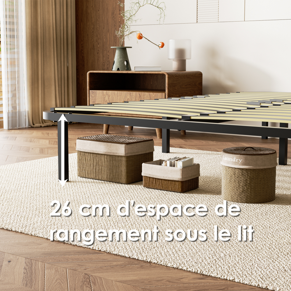 DEWINNER Sturdy Slatted Metal Bed Base | 14 Poplar Wood Slats, 6 Support Legs, Adjustable Central Reinforcement