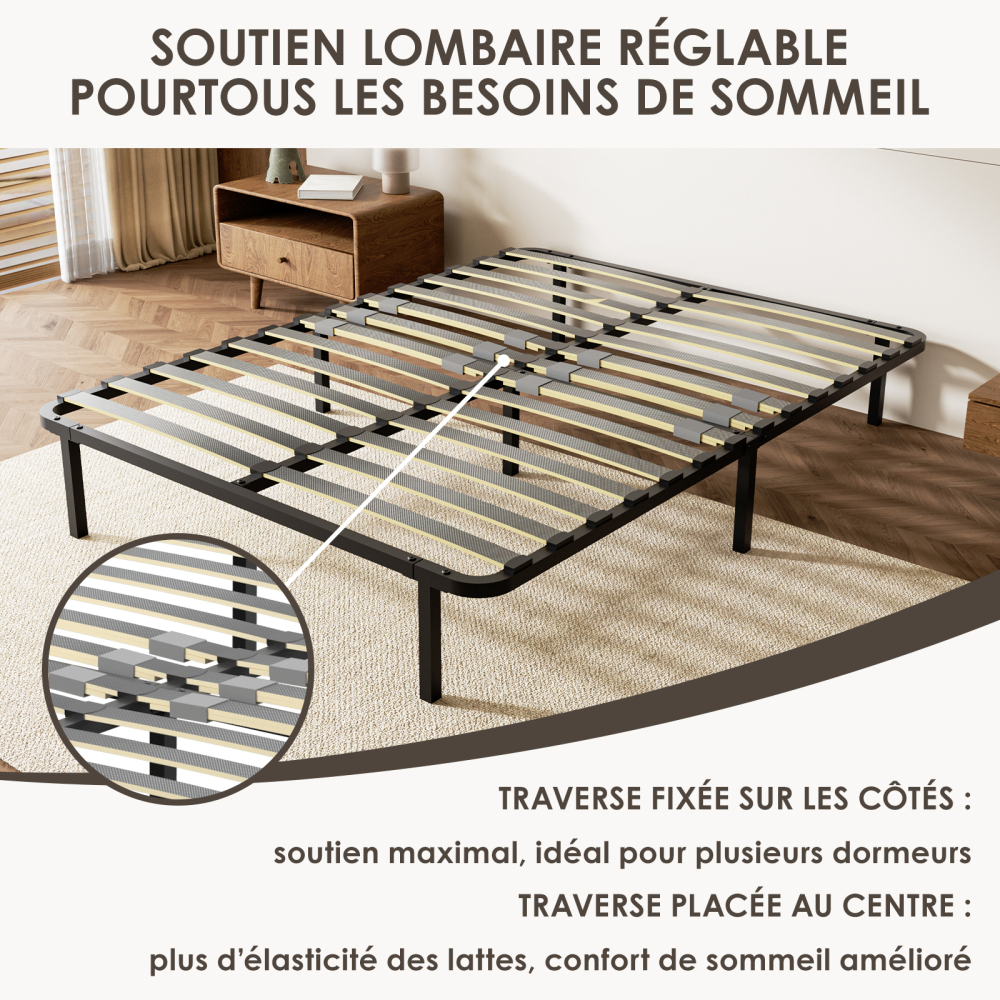 DEWINNER Sturdy Slatted Metal Bed Base | 14 Poplar Wood Slats, 6 Support Legs, Adjustable Central Reinforcement