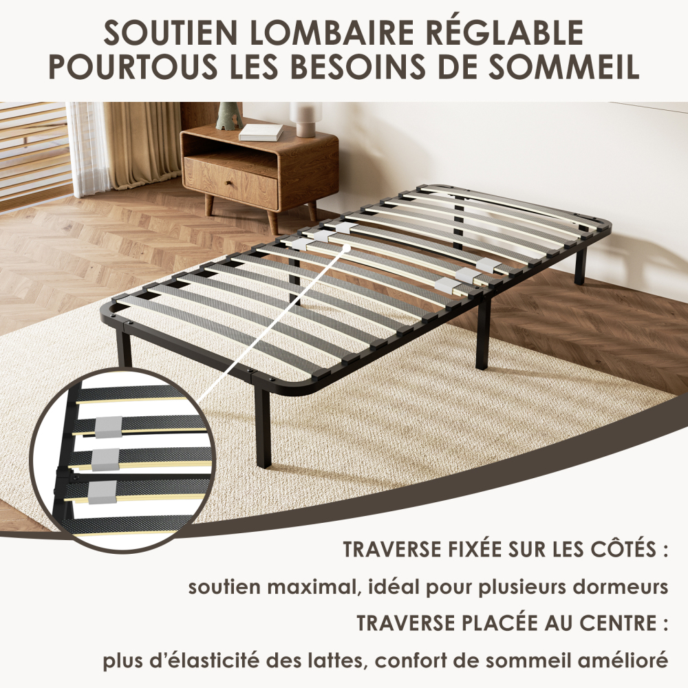 DEWINNER Sturdy Slatted Metal Bed Base | 14 Poplar Wood Slats, 6 Support Legs, Adjustable Central Reinforcement