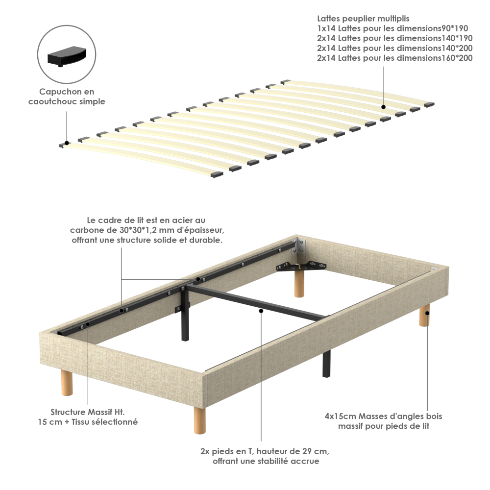 Beige DEWINNER Upholstered Bed Frame with 14 Slats & 6 Support Legs, 29cm High Sturdy Base
