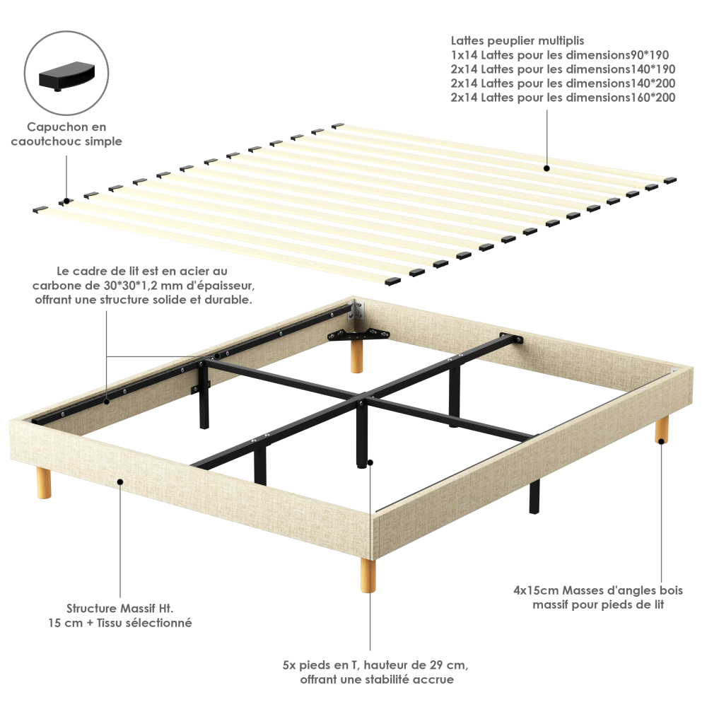 Beige DEWINNER Upholstered Bed Frame with 14 Slats & 6 Support Legs, 29cm High Sturdy Base