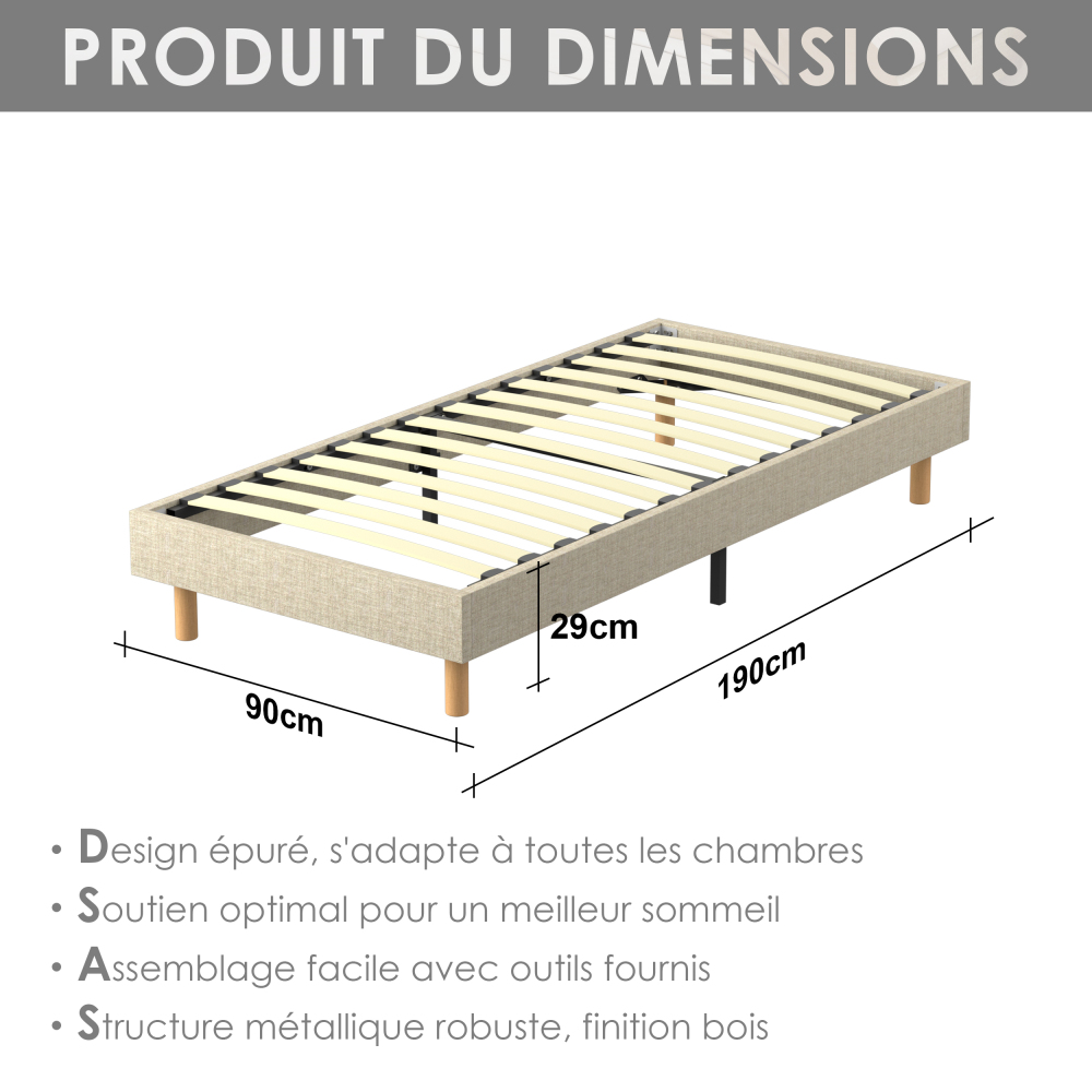 Beige DEWINNER Upholstered Bed Frame with 14 Slats & 6 Support Legs, 29cm High Sturdy Base