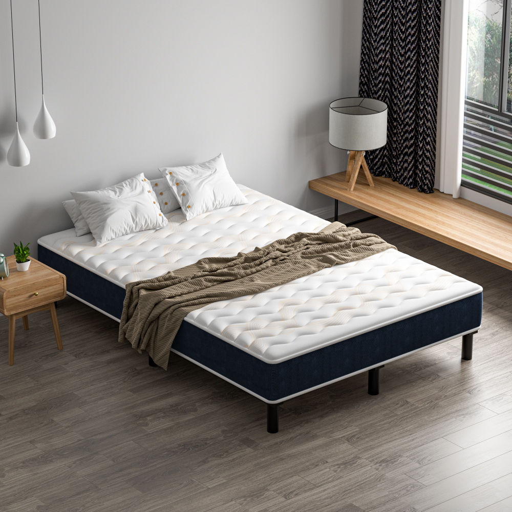 Mattress & Bed Base Set | Pocket Spring Mattress + Sturdy Metal Bed Frame with 6 Legs, Complete Bed,  High Resilience & Breathable