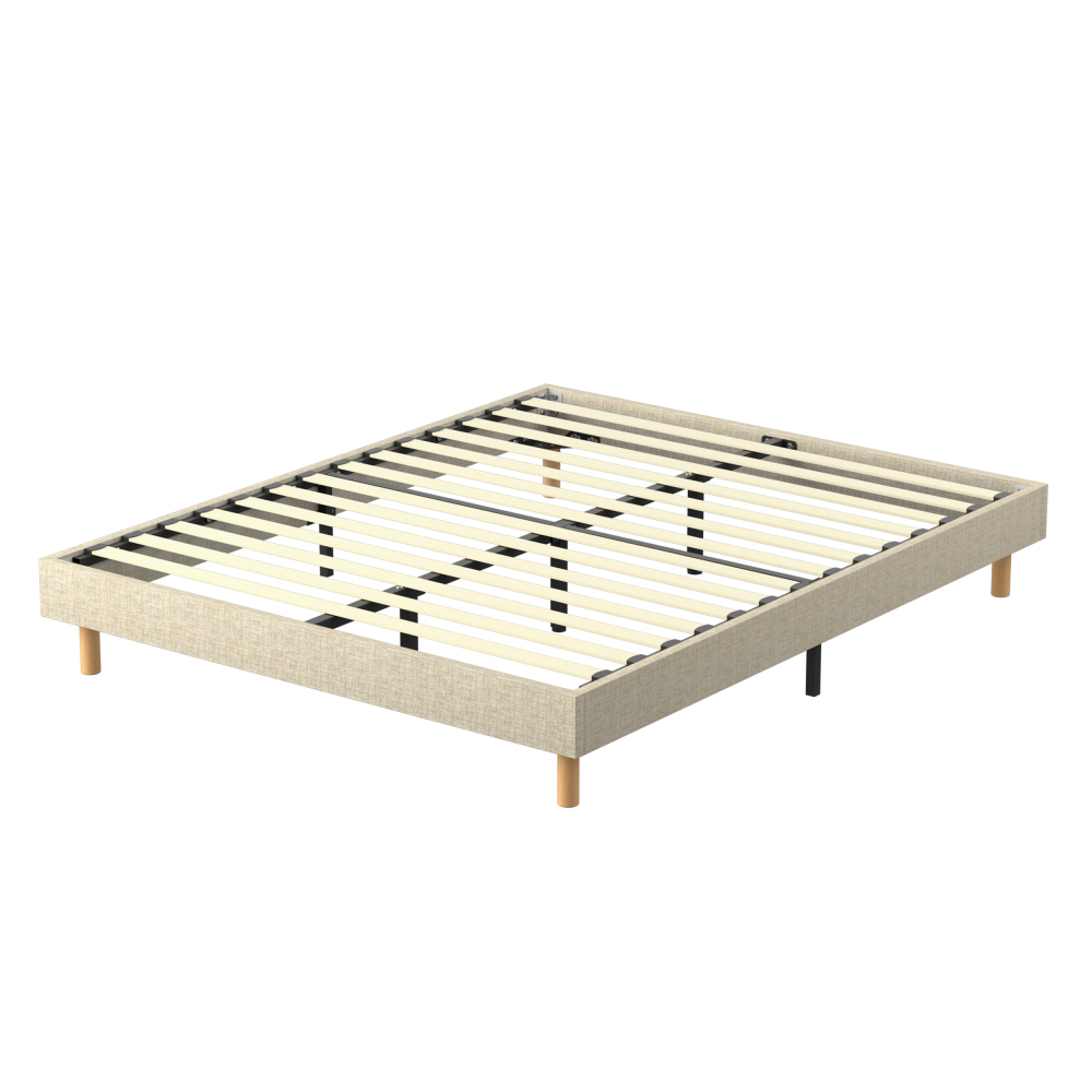 Beige DEWINNER Upholstered Bed Frame with 14 Slats & 6 Support Legs, 29cm High Sturdy Base