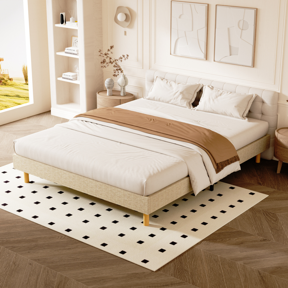 Beige DEWINNER Upholstered Bed Frame with 14 Slats & 6 Support Legs, 29cm High Sturdy Base