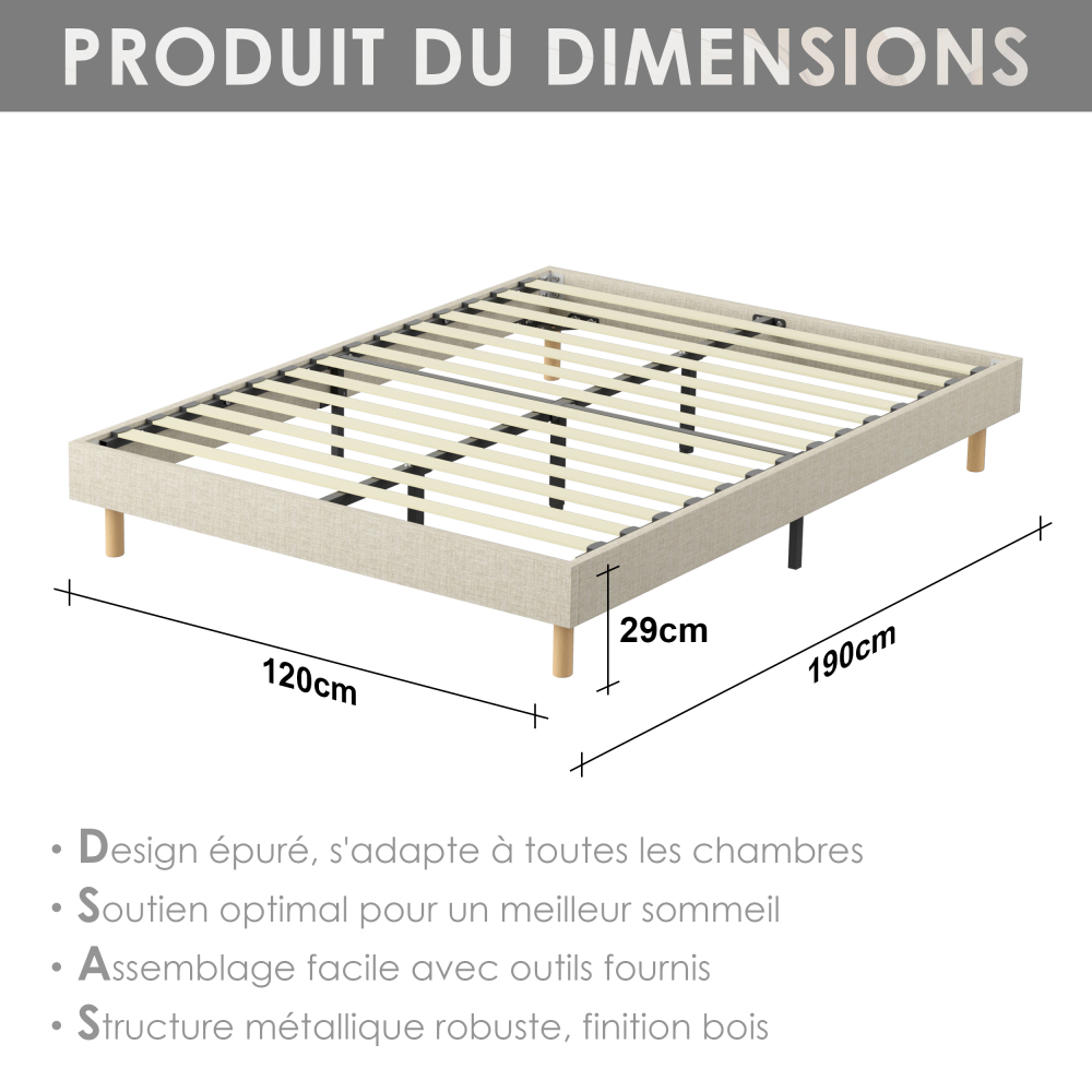 Beige DEWINNER Upholstered Bed Frame with 14 Slats & 6 Support Legs, 29cm High Sturdy Base