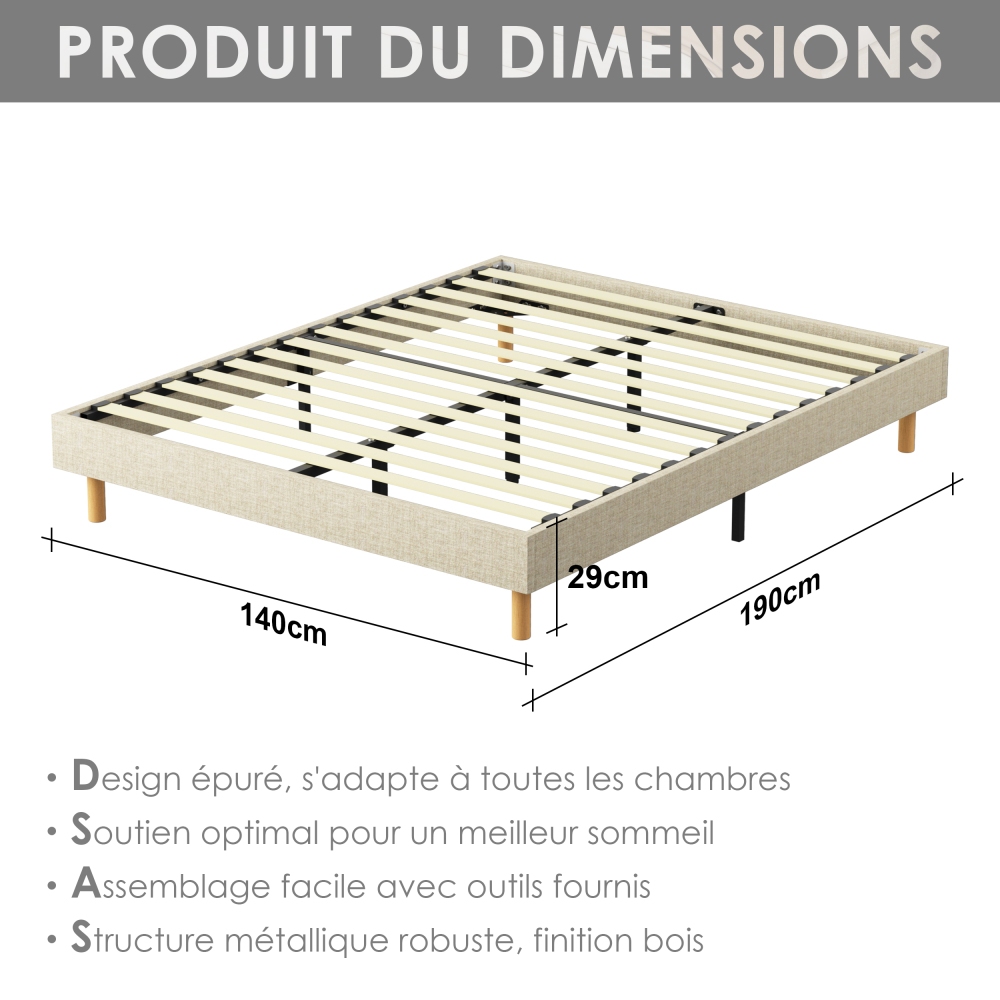 Beige DEWINNER Upholstered Bed Frame with 14 Slats & 6 Support Legs, 29cm High Sturdy Base