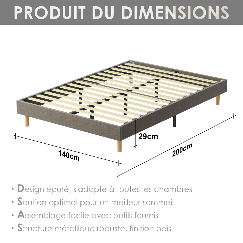 Beige DEWINNER Upholstered Bed Frame with 14 Slats & 6 Support Legs, 29cm High Sturdy Base