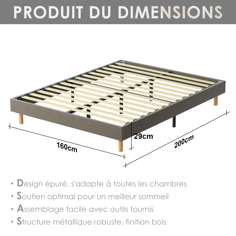 Beige DEWINNER Upholstered Bed Frame with 14 Slats & 6 Support Legs, 29cm High Sturdy Base