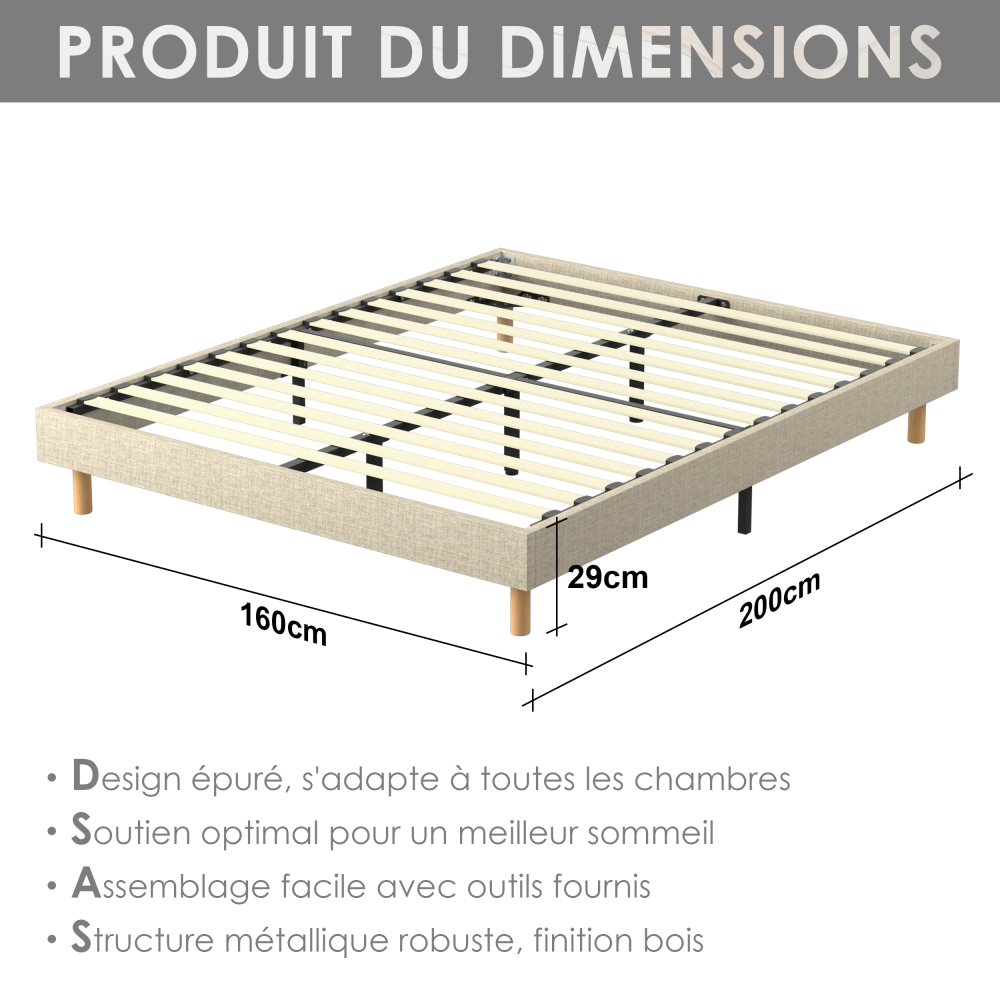Beige DEWINNER Upholstered Bed Frame with 14 Slats & 6 Support Legs, 29cm High Sturdy Base