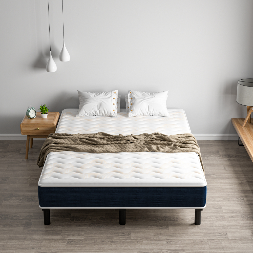 Mattress & Bed Base Set | Pocket Spring Mattress + Sturdy Metal Bed Frame with 6 Legs, Complete Bed,  High Resilience & Breathable