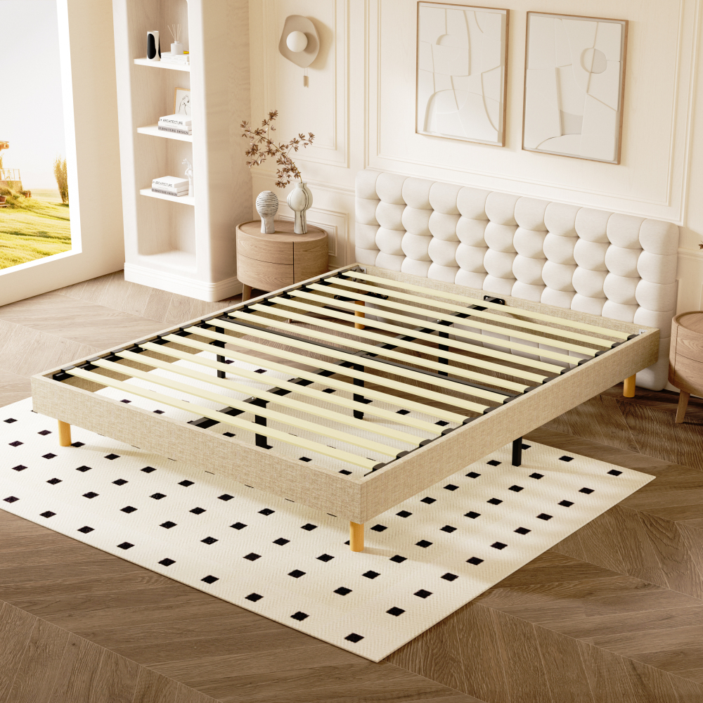 Beige DEWINNER Upholstered Bed Frame with 14 Slats & 6 Support Legs, 29cm High Sturdy Base