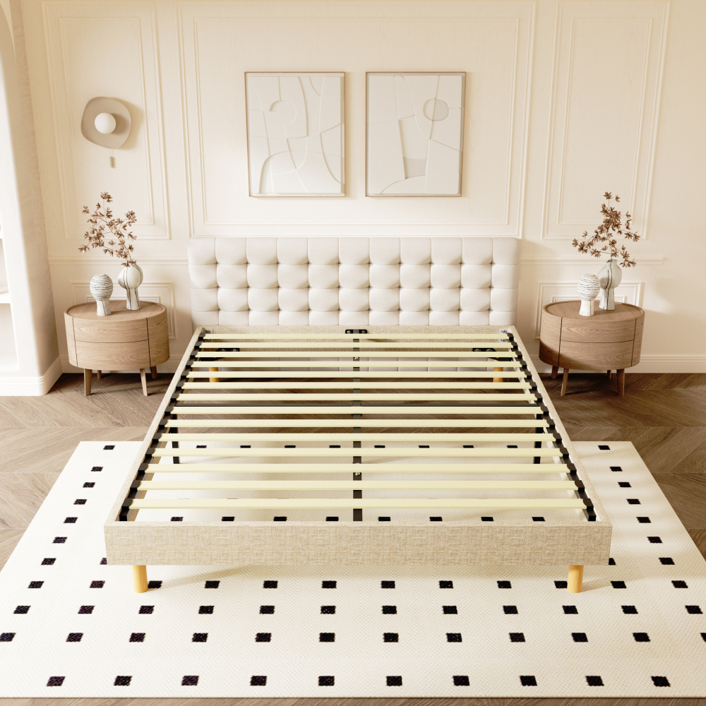 Beige DEWINNER Upholstered Bed Frame with 14 Slats & 6 Support Legs, 29cm High Sturdy Base